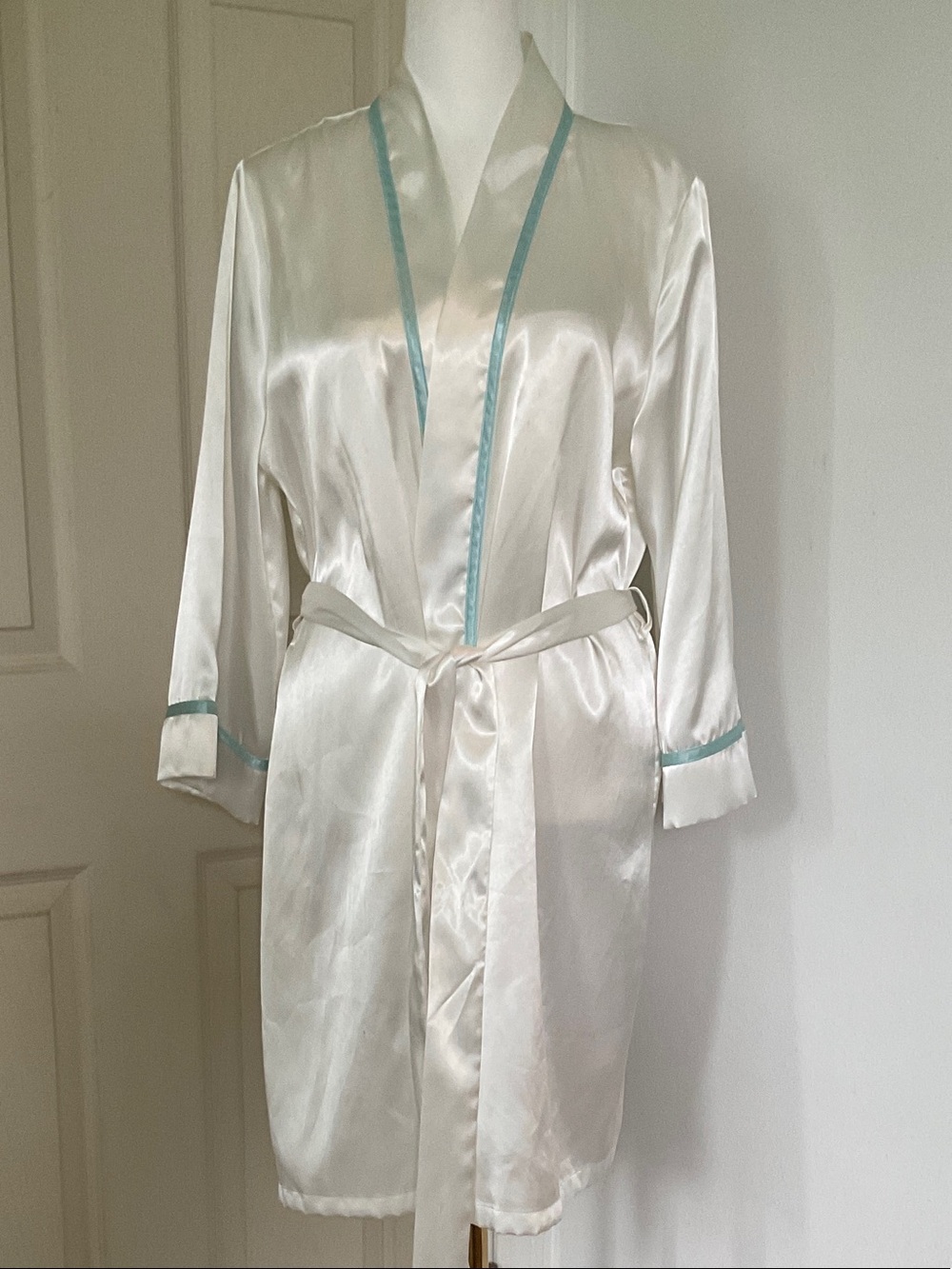 Satin Short Robe with Light Blue Trim - Women's Intimates *BRIDE*